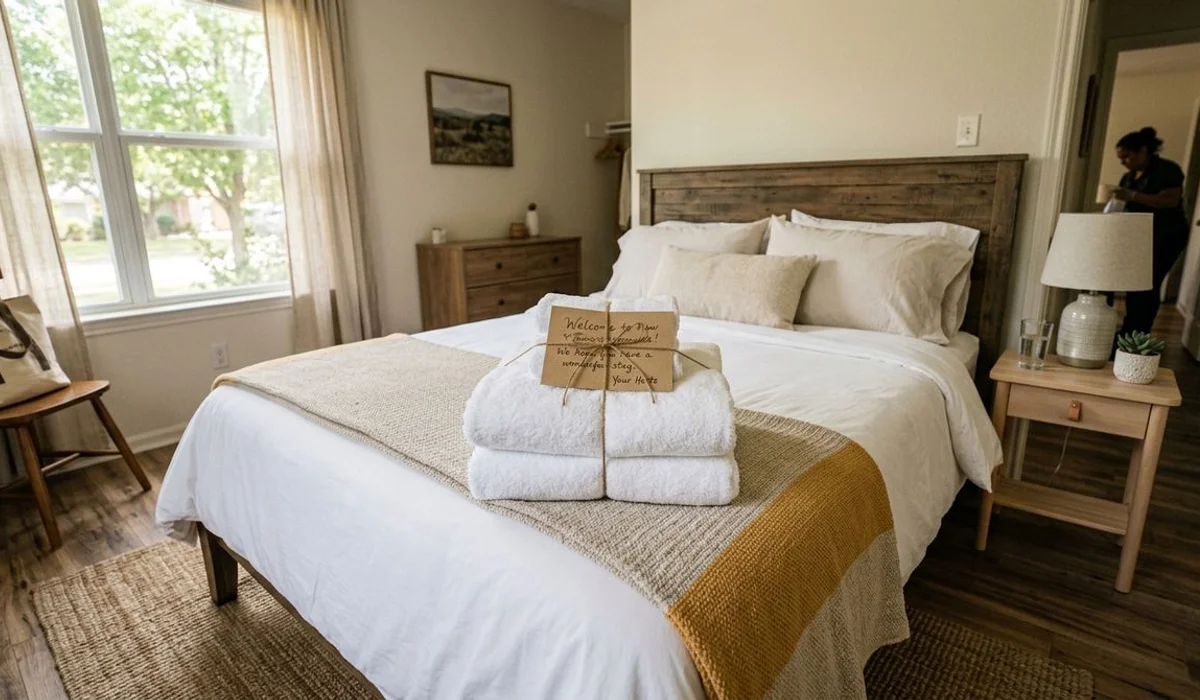 Bed staging with folded towels and welcome card in a New Braunfels rental