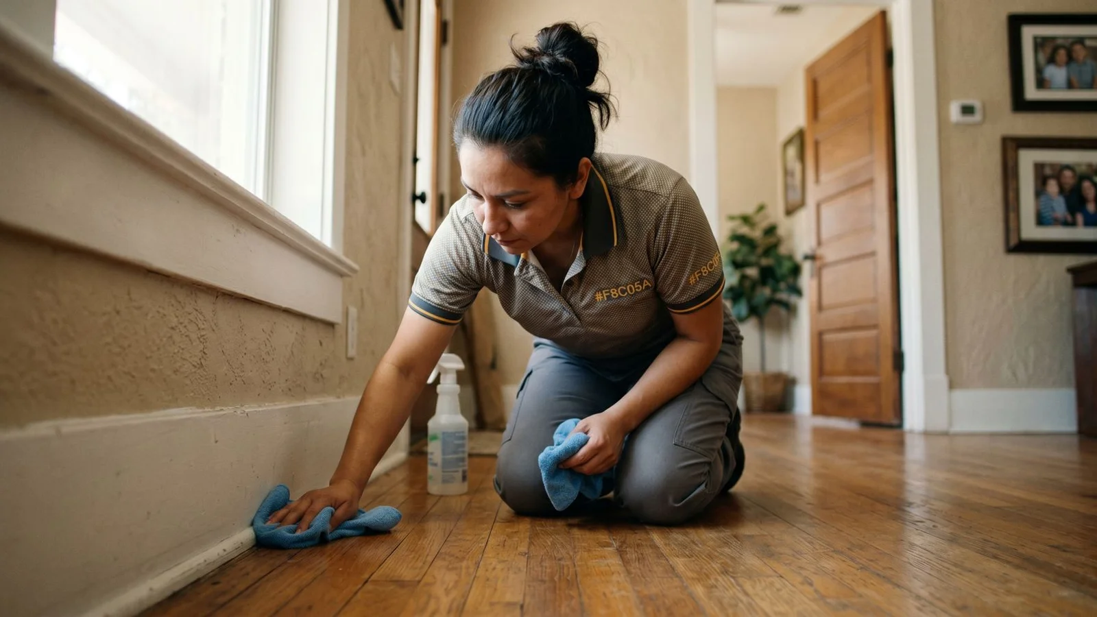 Cleaner detailing a baseboard with microfiber