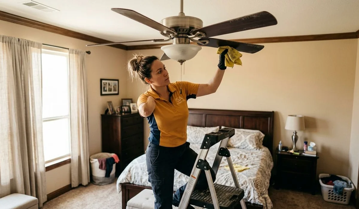 Cleaner detailing a ceiling fan blade in the master bedroom