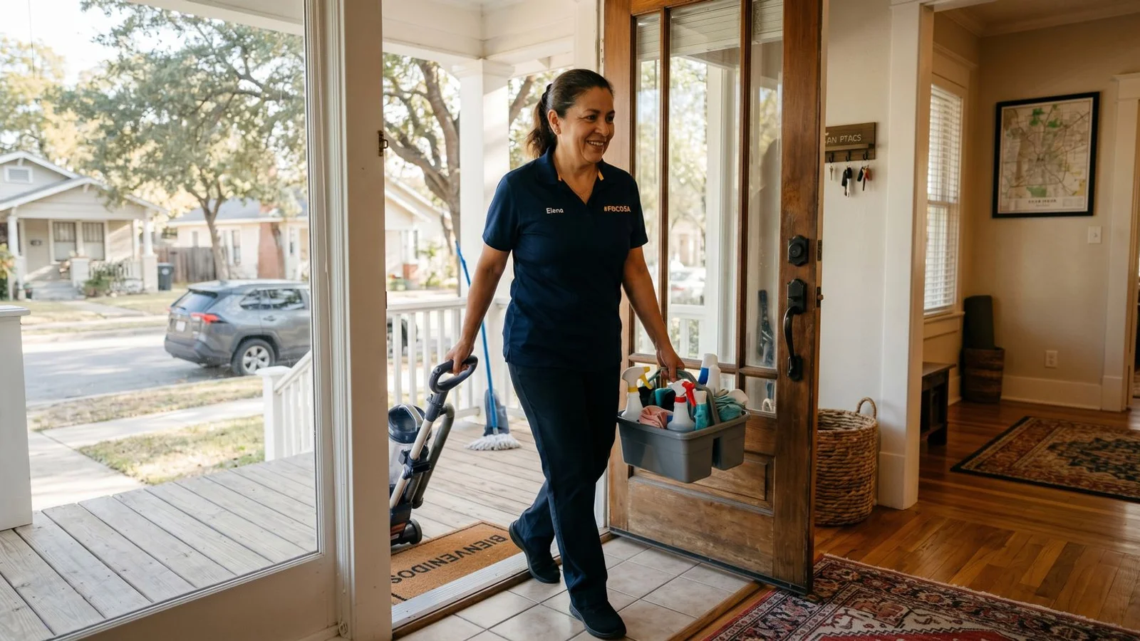 Cleaner arriving at a rental for same-day turnaround