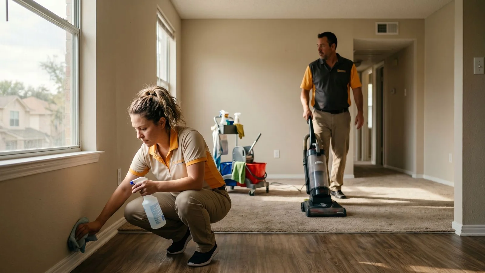 Cleaning team mid-job in an empty apartment
