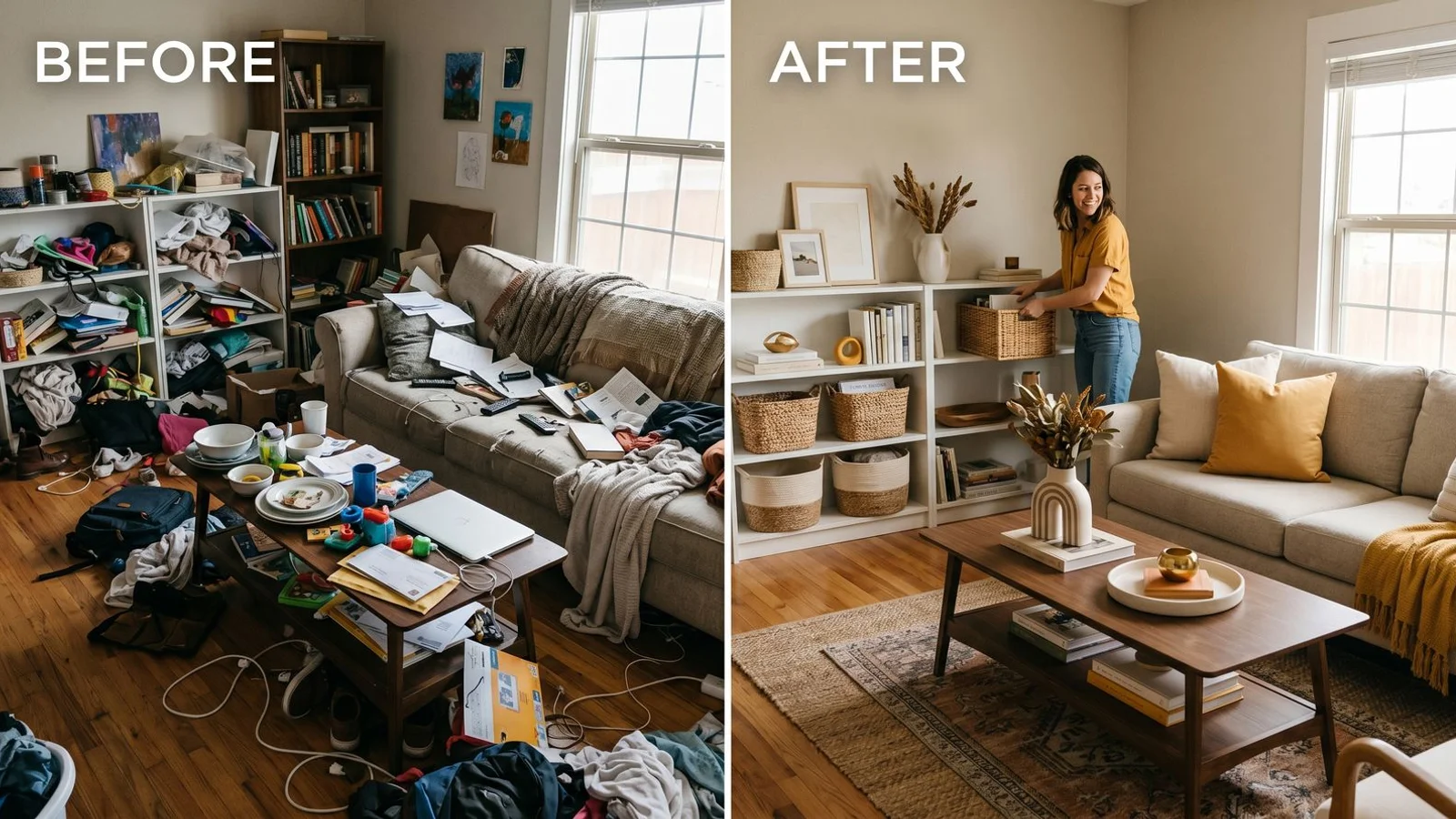 Cluttered room before-and-after