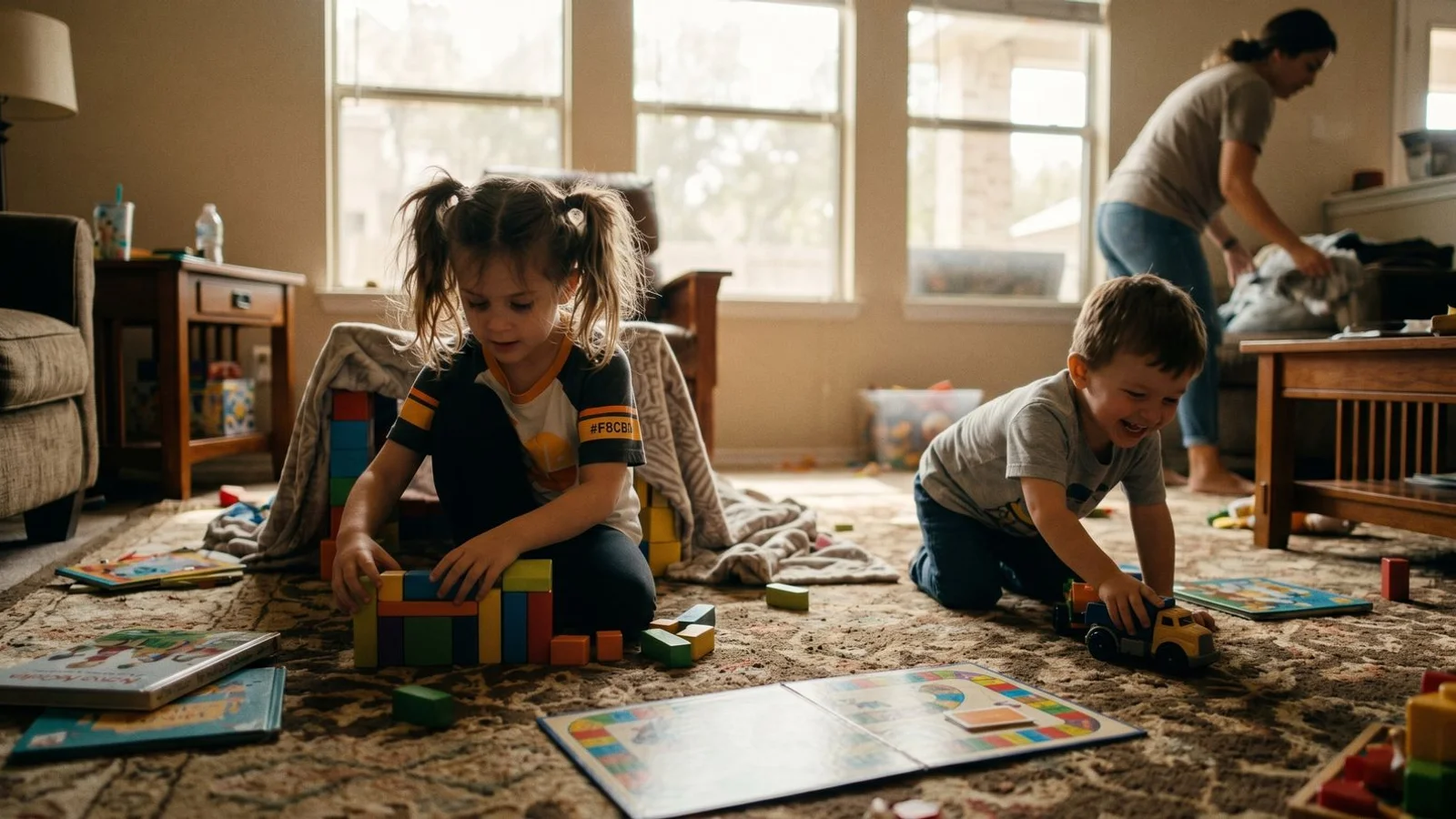 Family room carpet with kids playing
