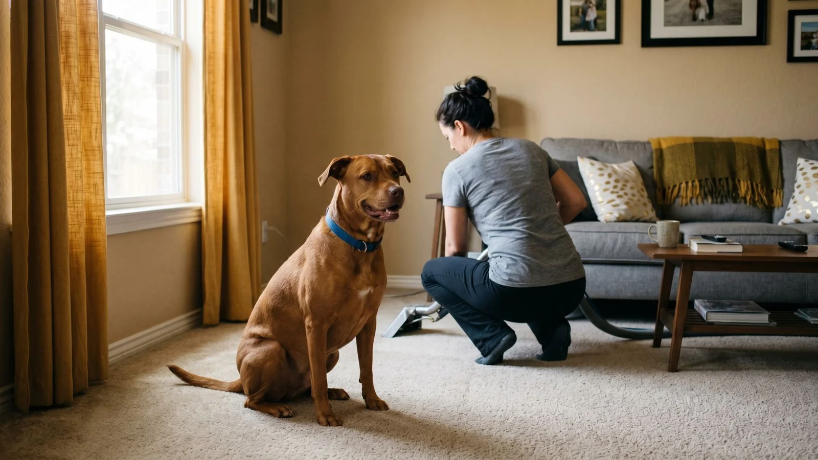 Friendly dog beside clean carpet