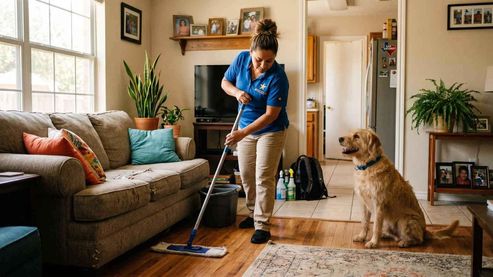 Friendly dog watching the cleaning team work