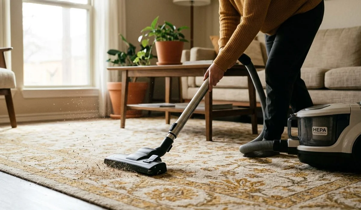 HEPA-filter vacuum capturing cedar pollen from a Stone Oak living room rug