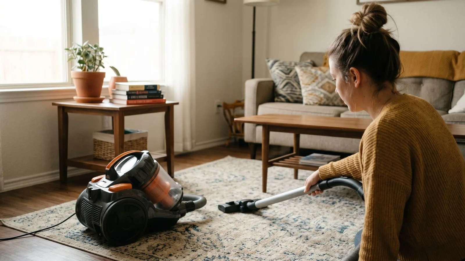 HEPA-filter vacuum capturing allergens from a residential rug