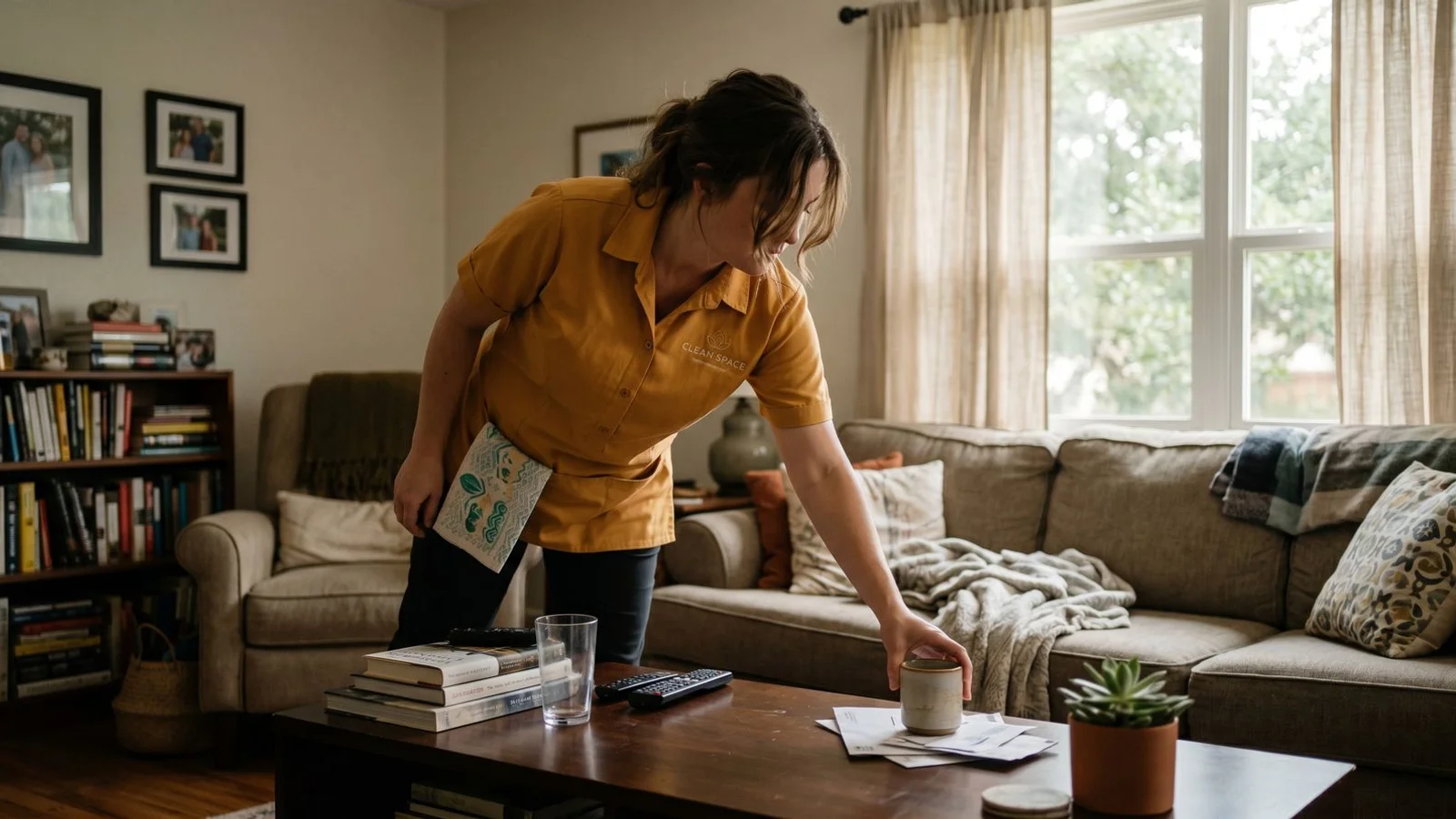 Homeowner tidying clutter before a cleaning visit