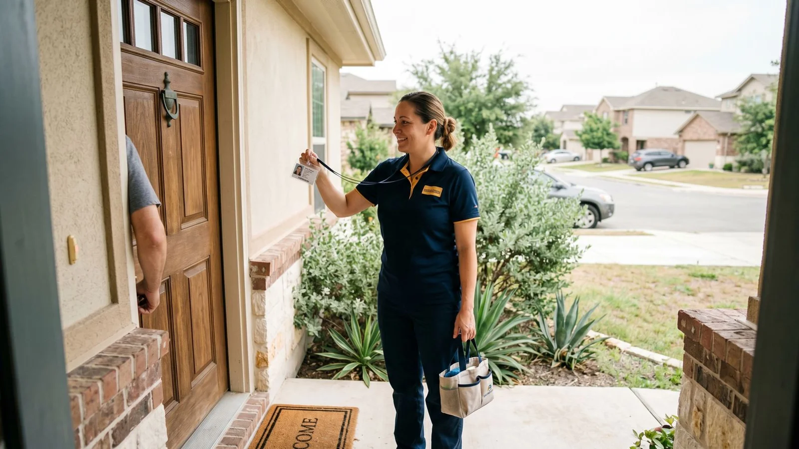Professional cleaner showing identification at the front door