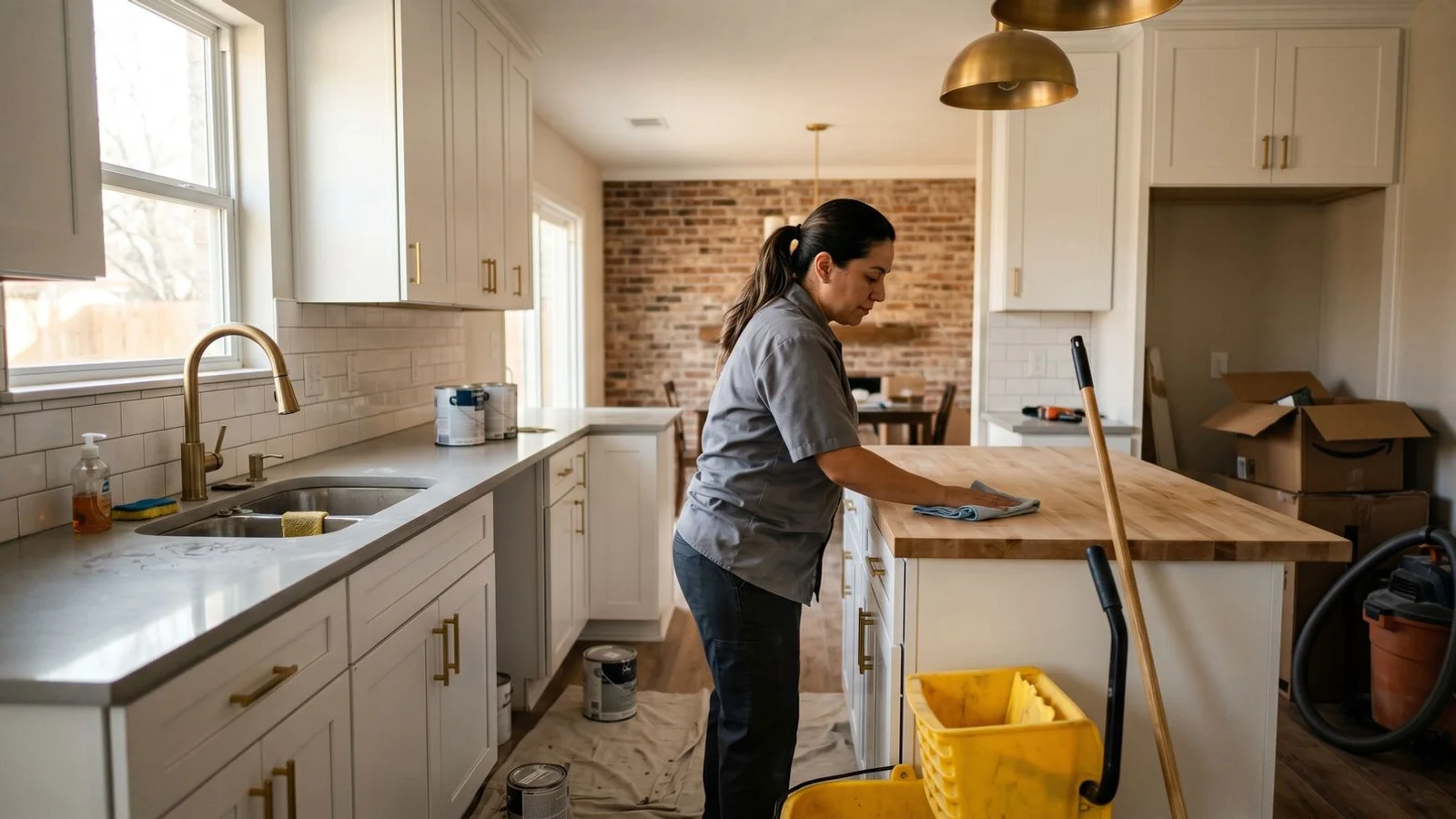 Renovated kitchen mid-cleanup
