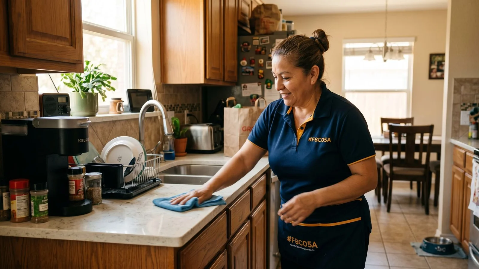 Cleaner wiping kitchen counter during a standard house cleaning visit