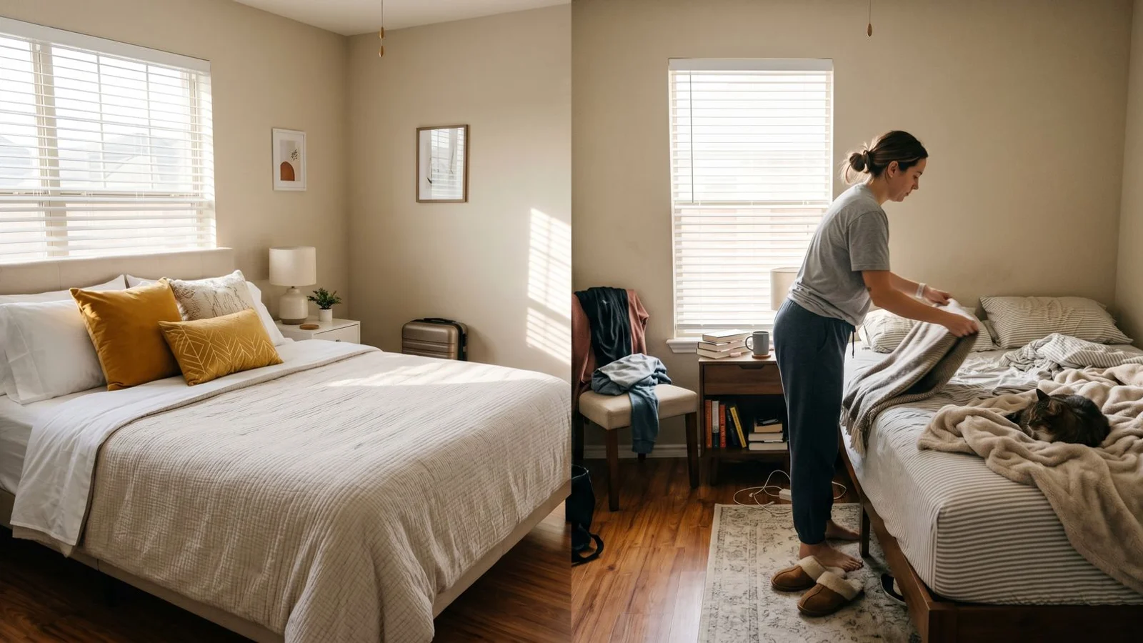 Side-by-side Airbnb staging vs lived-in home