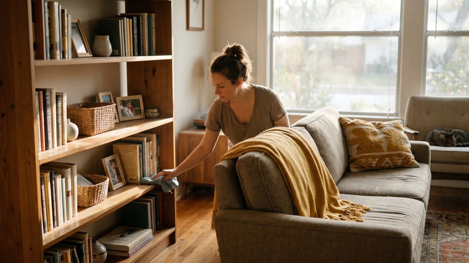 Sunlit living room with visible dust