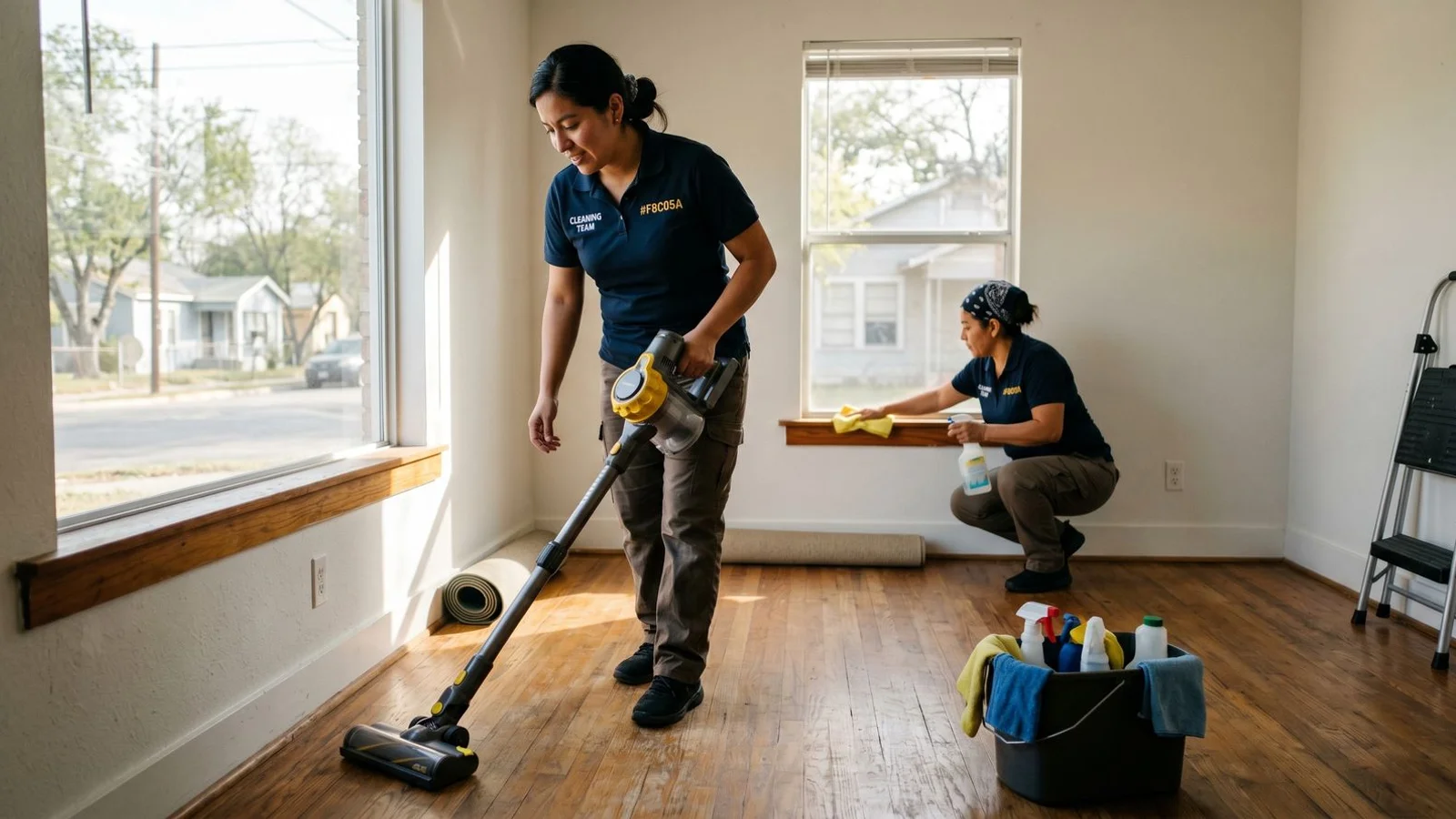 Two cleaners working in an empty apartment